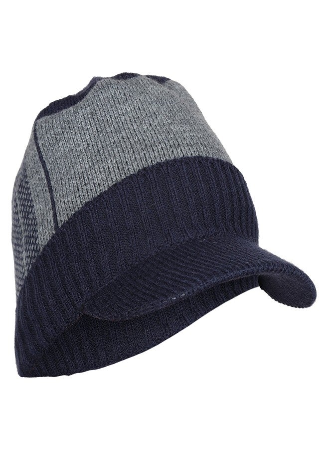 iSWEVEN Stretchable Visor Winter Cap for Boys Mens Woollen Knitted Hat Winter-Autumn Plain Weave Universal Size Caps (Blue-Gray-4020) - Image 3