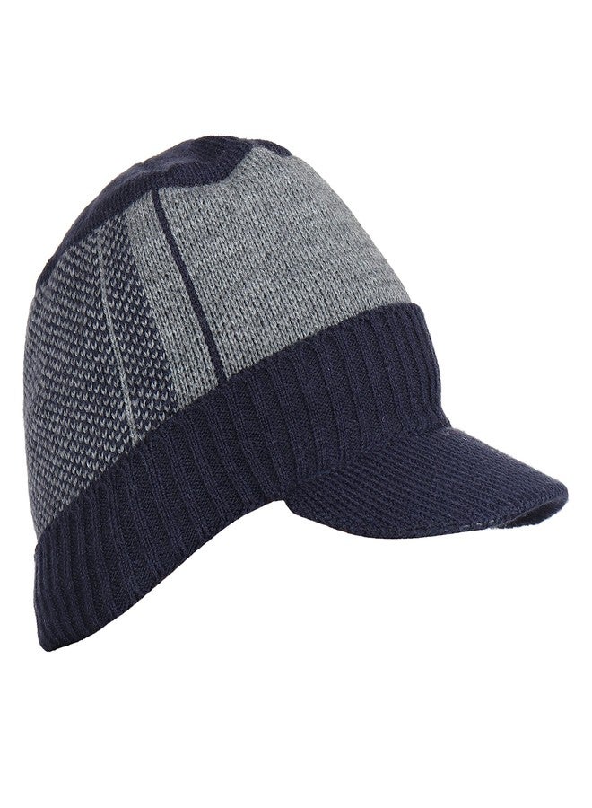 iSWEVEN Stretchable Visor Winter Cap for Boys Mens Woollen Knitted Hat Winter-Autumn Plain Weave Universal Size Caps (Blue-Gray-4020) - Image 4