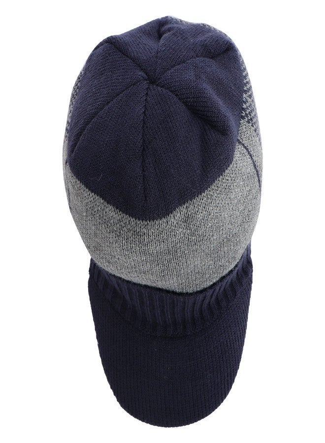 iSWEVEN Stretchable Visor Winter Cap for Boys Mens Woollen Knitted Hat Winter-Autumn Plain Weave Universal Size Caps (Blue-Gray-4020) - Image 5