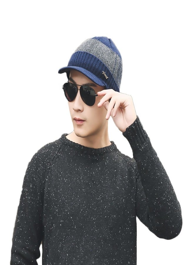 iSWEVEN Stretchable Visor Winter Cap for Boys Mens Woollen Knitted Hat Winter-Autumn Plain Weave Universal Size Caps (Blue-Gray-4020) - Image 1