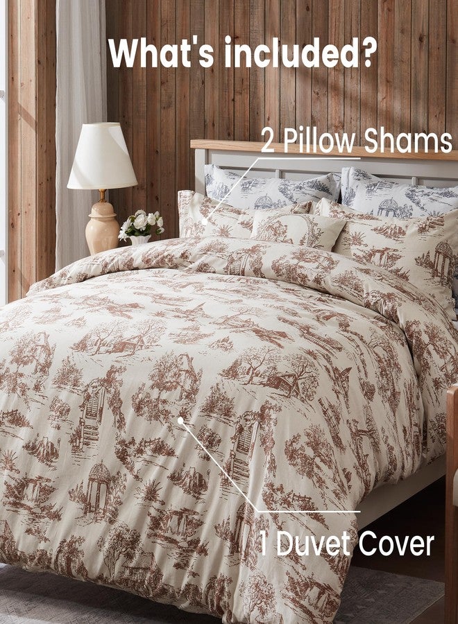 BISELINA Vintage Linen Duvet Cover Set Landscape Printed Pattern 3pcs (1 Comforter Cover, 2 Pillow Shams)- Natural Flax Cotton Blend Reversible Breathable Retro Country Bedding - Coffee, Queen - Image 5