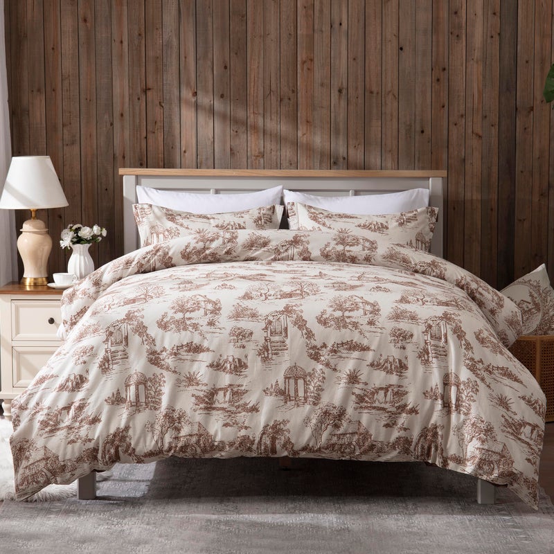 BISELINA Vintage Linen Duvet Cover Set Landscape Printed Pattern 3pcs (1 Comforter Cover, 2 Pillow Shams)- Natural Flax Cotton Blend Reversible Breathable Retro Country Bedding - Coffee, Queen - Image 1