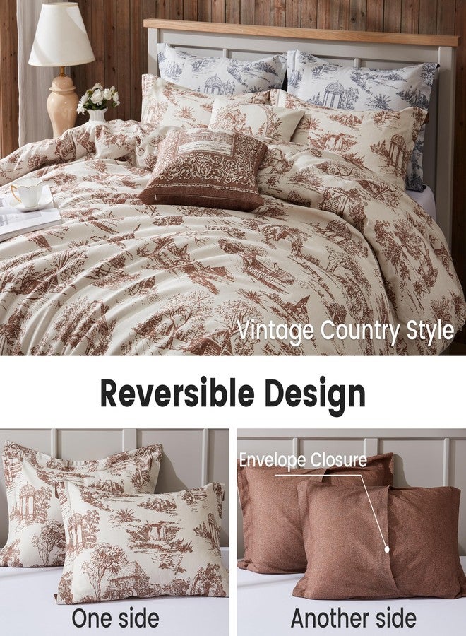BISELINA Vintage Linen Duvet Cover Set Landscape Printed Pattern 3pcs (1 Comforter Cover, 2 Pillow Shams)- Natural Flax Cotton Blend Reversible Breathable Retro Country Bedding - Coffee, Queen - Image 4