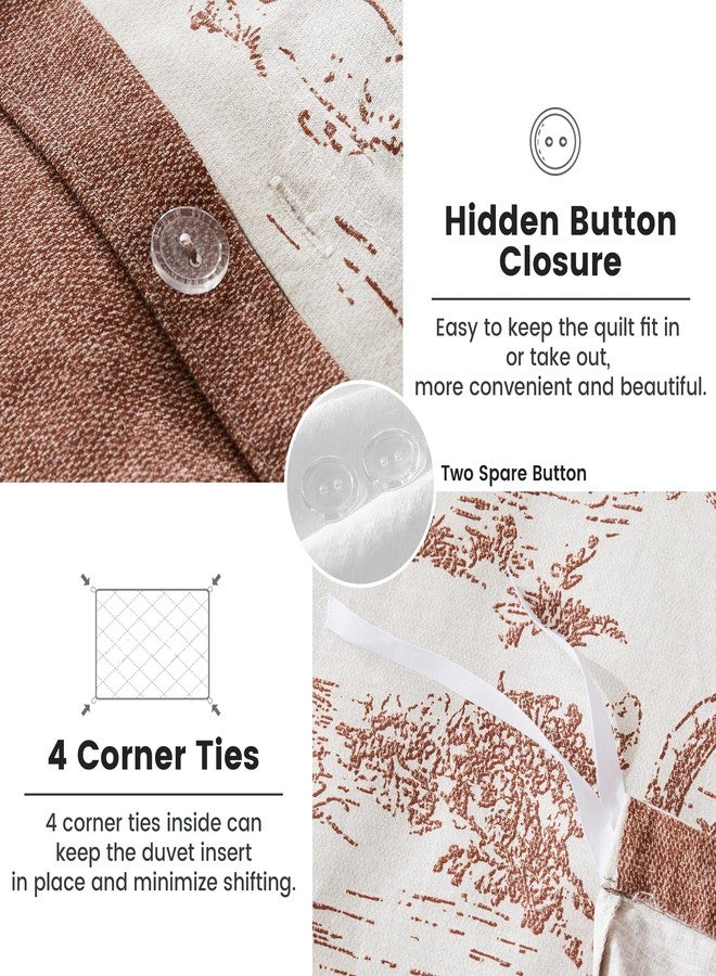 BISELINA Vintage Linen Duvet Cover Set Landscape Printed Pattern 3pcs (1 Comforter Cover, 2 Pillow Shams)- Natural Flax Cotton Blend Reversible Breathable Retro Country Bedding - Coffee, Queen - Image 3
