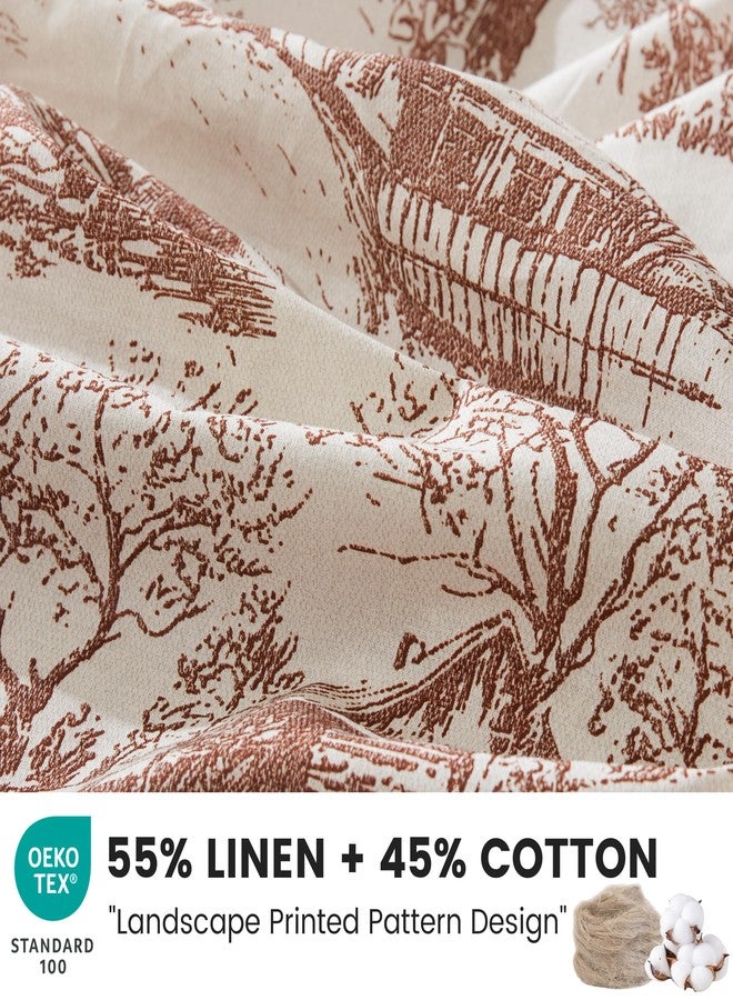 BISELINA Vintage Linen Duvet Cover Set Landscape Printed Pattern 3pcs (1 Comforter Cover, 2 Pillow Shams)- Natural Flax Cotton Blend Reversible Breathable Retro Country Bedding - Coffee, Queen - Image 2