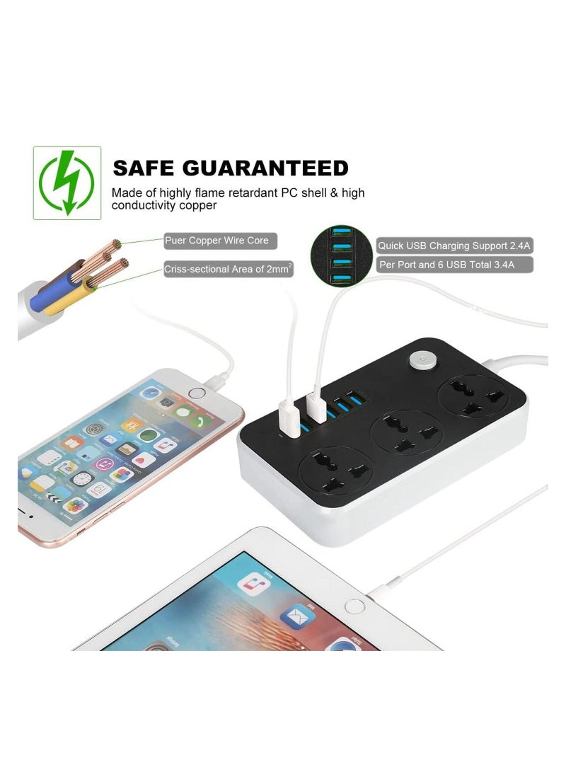 Universal Flat Plug，Power Socket with 6 Quick USB Port (5V 3.4A 17W) & 3 Outlets，6.5ft Heavy Duty Extension Cord  - Image 3