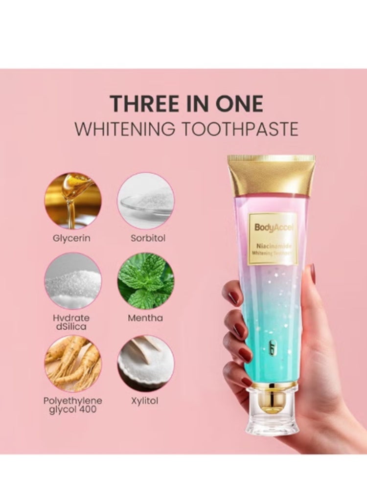 بودي أكسيل معجون أسنان مبيض بالنياسيناميد، معجون أسنان بالنياسيناميد، معجون أسنان BodyAccel، معجون أسنان ثلاثي التبييض لإزالة البقع، لطيف طبيعي، نفس منعش - Image 3