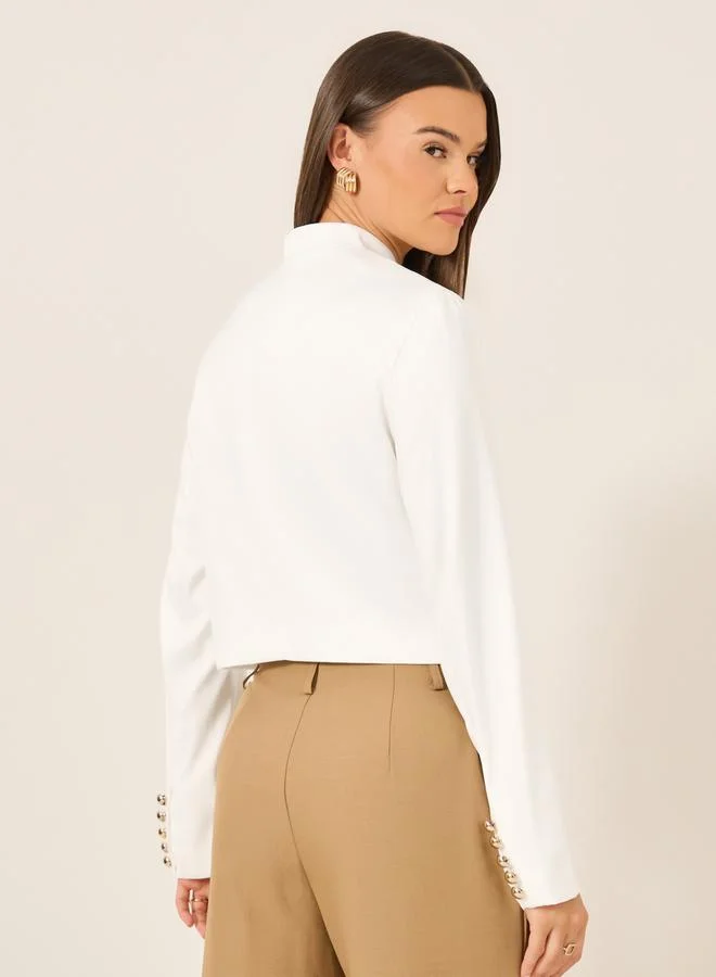 Take Two Women White Solid Stand Collar Cropped Blazer