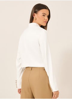 Causey Women White Solid Stand Collar Cropped Blazer by Styli  - Image 5