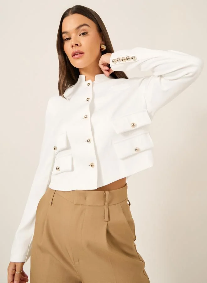 Take Two Women White Solid Stand Collar Cropped Blazer