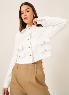 Causey Women White Solid Stand Collar Cropped Blazer by Styli  - Image 4