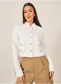 Causey Women White Solid Stand Collar Cropped Blazer by Styli  - Image 1