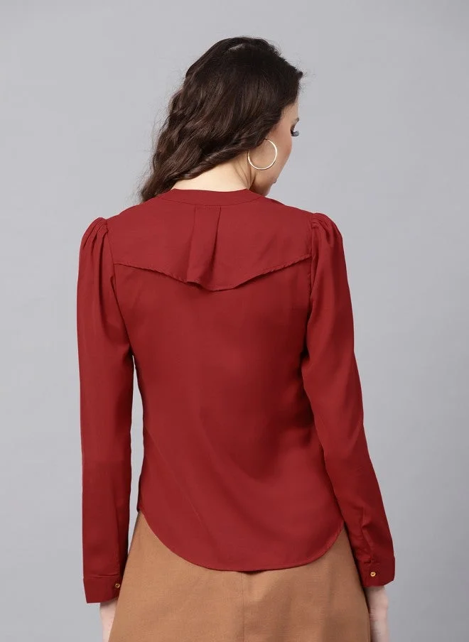 SASSAFRAS  Maroon Ruffled Shirt Style Top for Women for Women | Best Price UAE