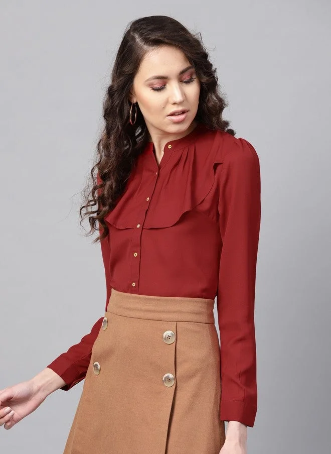 SASSAFRAS  Maroon Ruffled Shirt Style Top for Women for Women | Best Price UAE