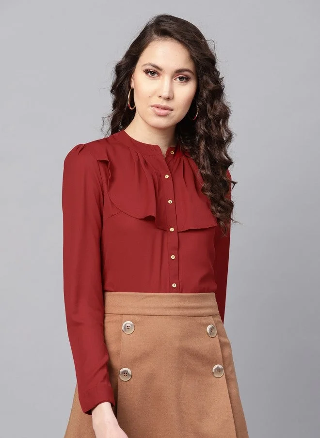 SASSAFRAS Maroon Ruffled Shirt Style Top for Women