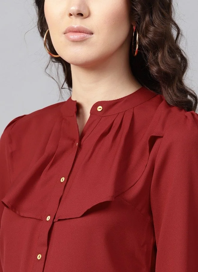 SASSAFRAS Maroon Ruffled Shirt Style Top for Women