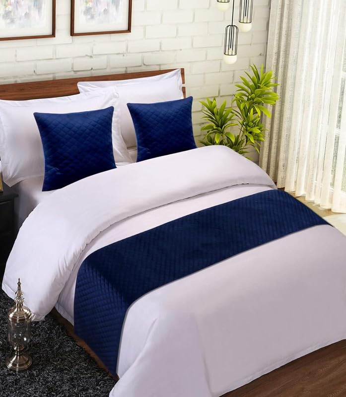Quilted Velvet Combo of Bed Runner with Cushion Covers (Dark Blue) (Bed Runner 18x90inches) (Cushion Covers 16x16inches)
