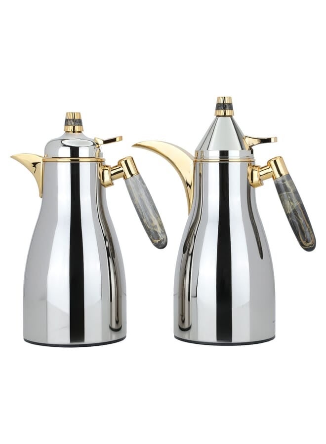 السيف غاليري طقم ترامس ميمونة السيف غاليري، قطعتين، 1/ 1 لتر، حافظة داخلية زجاج حراري، هيكل خارجي استيل - فضي - Image 1