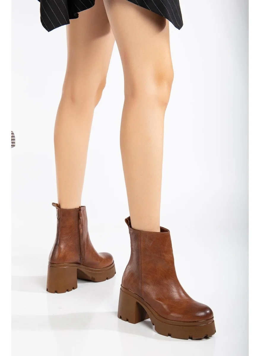 Dilimler Ayakkabı Women's Platform Heeled Boots Brown Flat Zippered