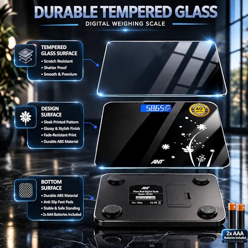 ANT Esports ANT Flora Bud Digital Weighing Scale for Body Weight | 180kg Capacity | LCD Display | Highly Accurate | Tempered Glass Bathroom Body Scale | 40 Months Warranty | Battery Included - Image 3