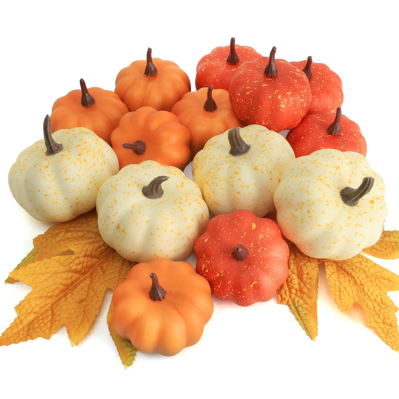 CHEAWRTZ 16PCS Realistic Mini Pumpkin DecorFall Decor with Pumpkins Maple Leaves Artificial Pumpkin Decor for Autumn Filler Realistic Pumpkin Decorations for Halloween Thanksgiving Fall Home Decor