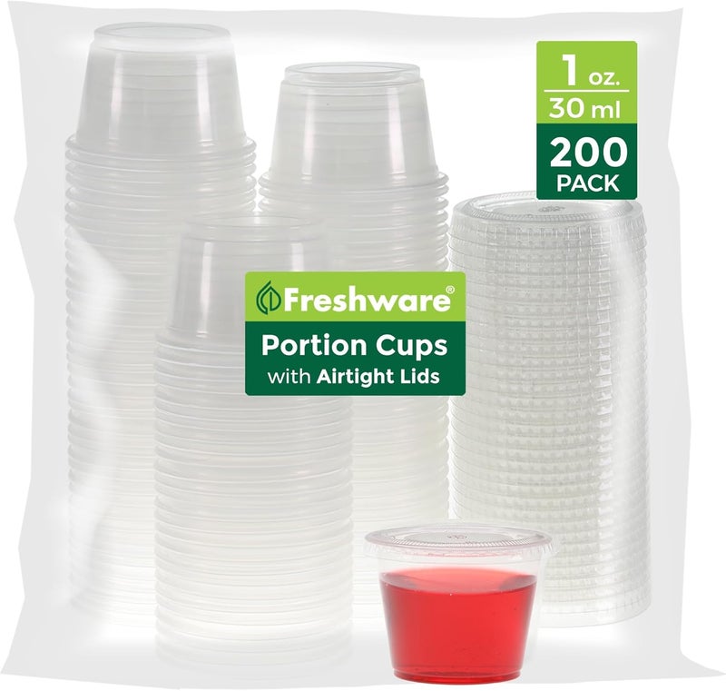 Freshware Plastic Portion Cups with Lids [1 Ounce, 200 Sets] Disposable Plastic Cups for Meal Prep, Salad Dressing, Jellos Shot Cups, Souffle Cups, Condiment and Dipping Sauce Cups - Image 1