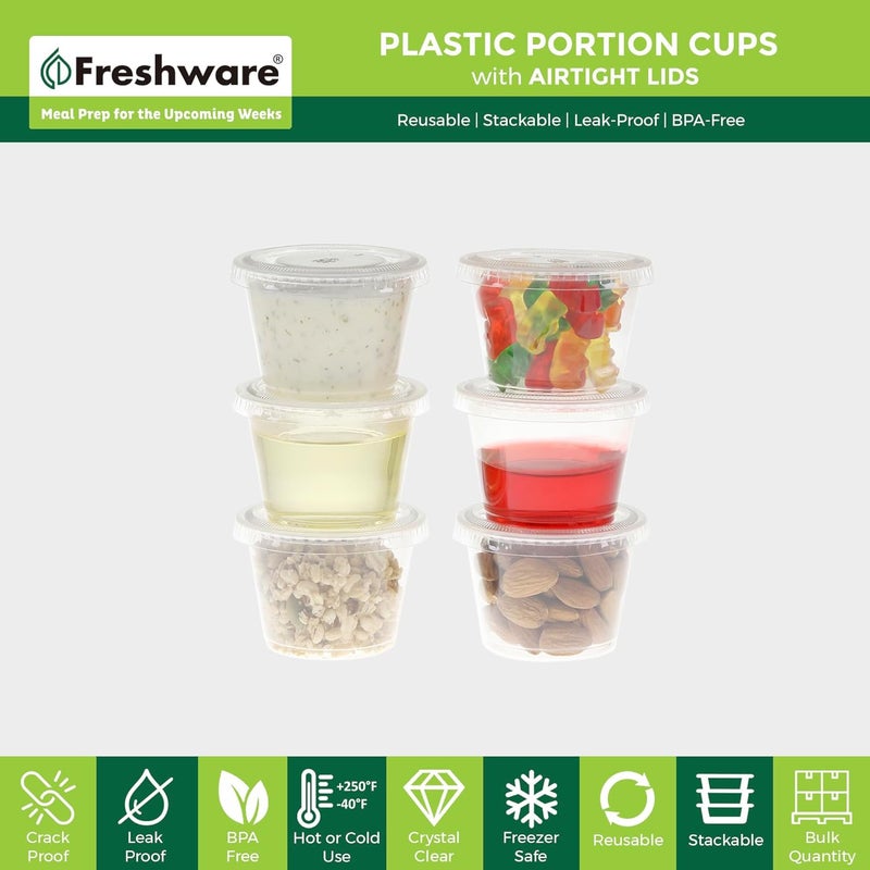 Freshware Plastic Portion Cups with Lids [1 Ounce, 200 Sets] Disposable Plastic Cups for Meal Prep, Salad Dressing, Jellos Shot Cups, Souffle Cups, Condiment and Dipping Sauce Cups - Image 2
