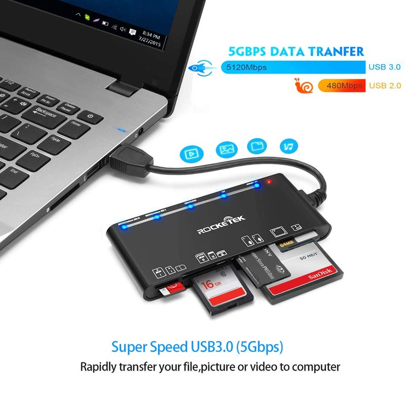 Rocketek USB3.0 Multi-Card Reader, SD/TF/CF/Micro SD/XD/MS 7 in 1 Fast 5Gbps Memory Card Reader/Writer/Hub for SD SDXC SDHC CF CFI TF Micro SD Micro SDXC Micro SDHC MS MMC UHS-I Cards,for Windows/Linux/Mac OS - Image 3