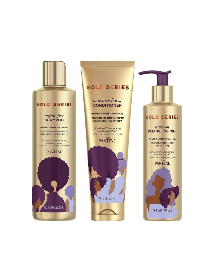 Pantene Pantene, Shampoo, Conditioner, and Detangling Milk Hair Treatment Kit, with Argan Oil, Sulfate Free, Pro-V Gold Series, for Natural and Curly Textured Hair  - Image 1