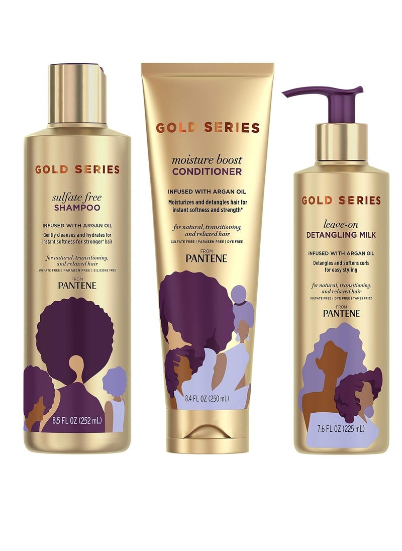Pantene Pantene, Shampoo, Conditioner, and Detangling Milk Hair Treatment Kit, with Argan Oil, Sulfate Free, Pro-V Gold Series, for Natural and Curly Textured Hair  - Image 4