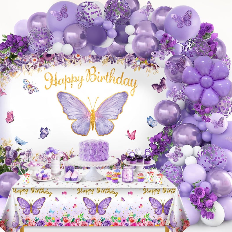 7CDXD Butterfly Party Decorations Girls Birthday Themes Decorations with Balloon Arch Kit Butterfly Photography Backdrop Banner and Tablecloth for Girls Women Butterfly Birthday Decor - Image 2