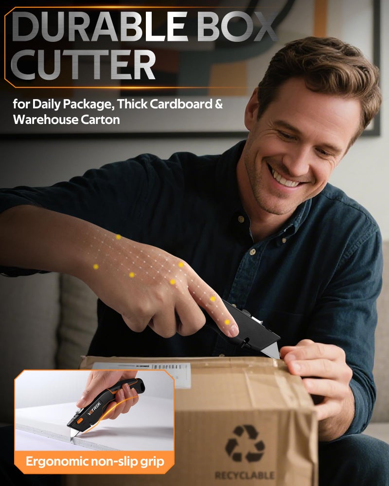 VOTREK® Box Cutter Utility Knife, [2-in-1] Retractable Box Cutter, with Blade Storage, Safety All Metal Heavy Duty Sharp Razor Knife for Home & Warehouse Cardboard, Carton, with Extra Blades - Image 4