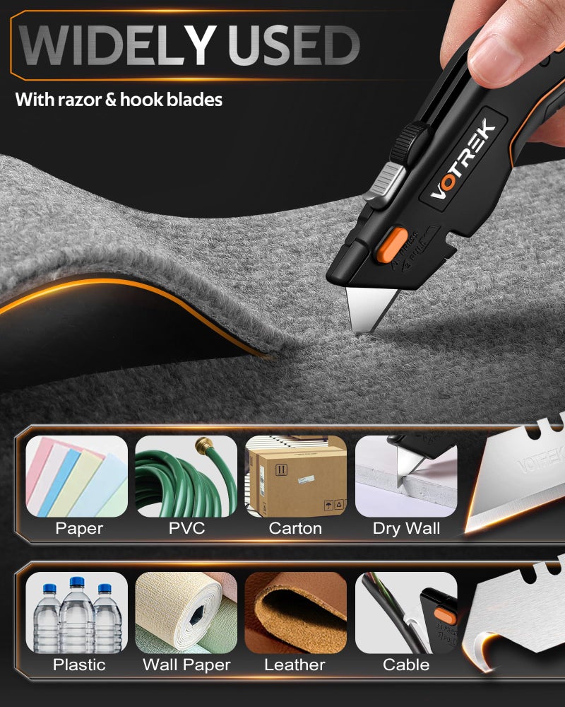 VOTREK® Box Cutter Utility Knife, [2-in-1] Retractable Box Cutter, with Blade Storage, Safety All Metal Heavy Duty Sharp Razor Knife for Home & Warehouse Cardboard, Carton, with Extra Blades - Image 5