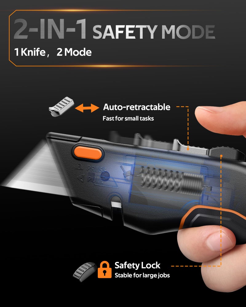 VOTREK® Box Cutter Utility Knife, [2-in-1] Retractable Box Cutter, with Blade Storage, Safety All Metal Heavy Duty Sharp Razor Knife for Home & Warehouse Cardboard, Carton, with Extra Blades - Image 2