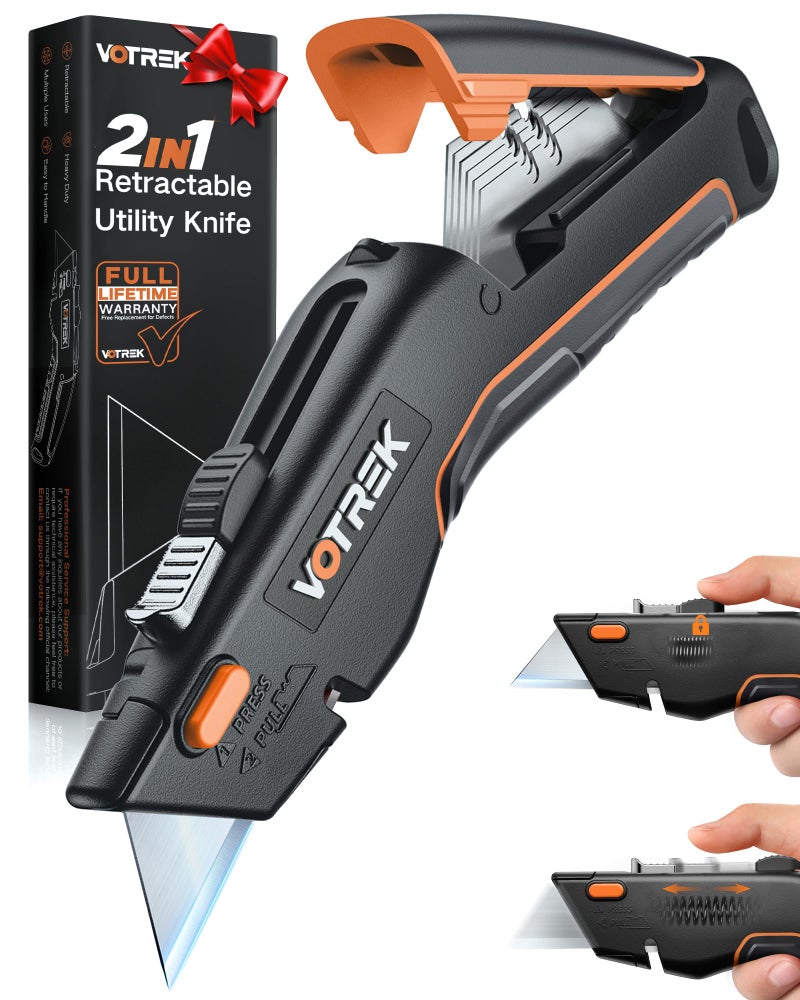 VOTREK® Box Cutter Utility Knife, [2-in-1] Retractable Box Cutter, with Blade Storage, Safety All Metal Heavy Duty Sharp Razor Knife for Home & Warehouse Cardboard, Carton, with Extra Blades - Image 1