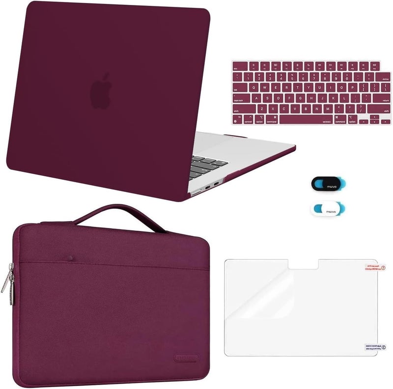 موسيسو متوافق مع حافظة MacBook Air مقاس 15 بوصة إصدار 2025 2024 2023 M3 A3114 M2 A2941 Touch ID، غلاف بلاستيكي صلب وحقيبة حمل واقية وغطاء لوحة المفاتيح وغطاء كاميرا الويب وواقي شاشة، أحمر نبيذي - Image 1