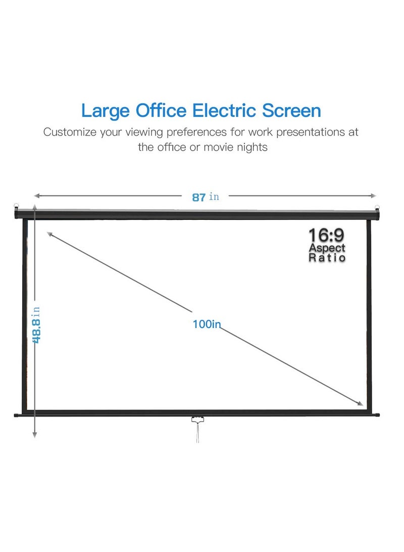 Manual Pull Down Projector Screen 100 Inch 16:9 Retractable – HD Wall/Ceiling Mount Movie Screen for Home Theater, Cinema, Office, School, Black  - Image 2