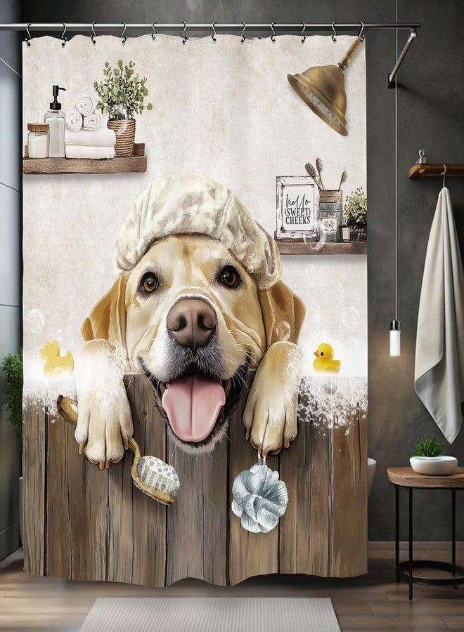 Kalmico ستارة حمام كالميكو بتصميم كلب مرح، مقاس 60 بوصة عرضًا × 72 بوصة طولًا، بتصميم ريفي مرح لكلب لابرادور، مع 12 خطافًا لديكور الحمام. - Image 1