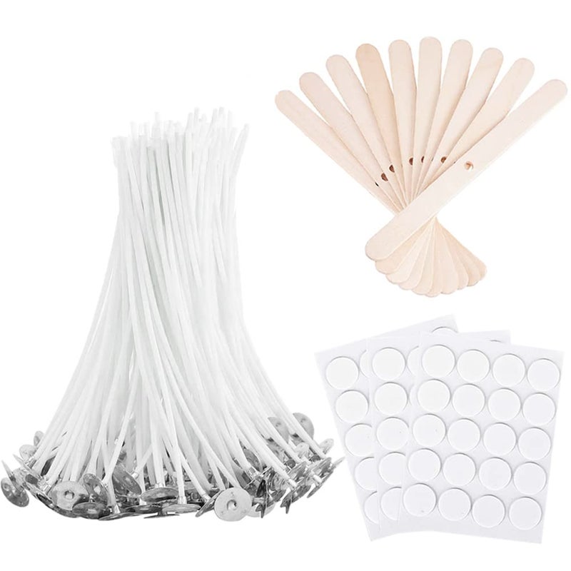 Antunihood Bulk Candle Wicks 100 Pcs with 60Pcs Candle Wick Stickers and 10 Pcs Wooden Candle Wick Centering Device for Soy Beeswax Candle Making 4inch