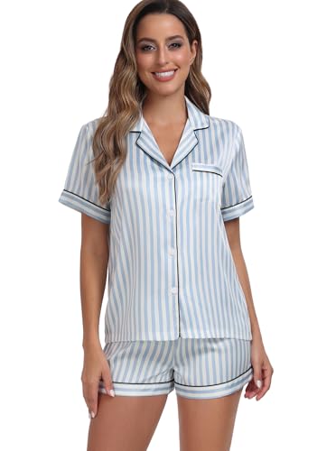 Serenedelicacy Women's Satin Pajama Set 2-Piece Sleepwear Loungewear Button Down Short Sleeve Silky PJ Set (Medium, Blue, Striped) - Image 3