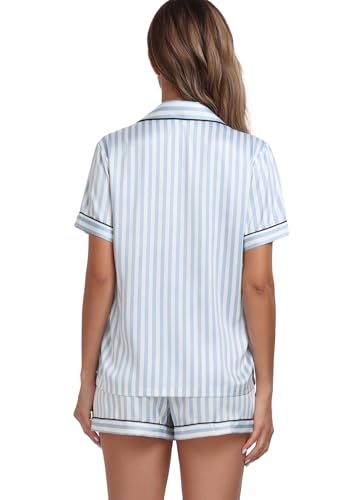 Serenedelicacy Women's Satin Pajama Set 2-Piece Sleepwear Loungewear Button Down Short Sleeve Silky PJ Set (Medium, Blue, Striped) - Image 2