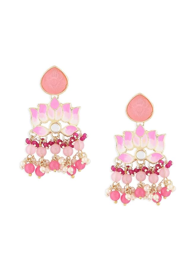 erorex Pink Meenakari Lotus Design Cluster Beads Drop Earring For Women Zpfk14716  - Image 1