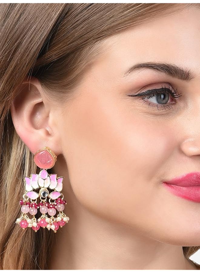 erorex Pink Meenakari Lotus Design Cluster Beads Drop Earring For Women Zpfk14716  - Image 2