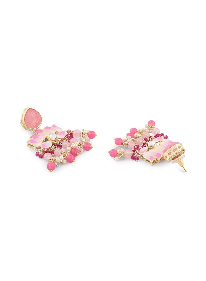 erorex Pink Meenakari Lotus Design Cluster Beads Drop Earring For Women Zpfk14716  - Image 5