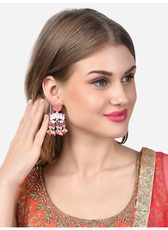 erorex Pink Meenakari Lotus Design Cluster Beads Drop Earring For Women Zpfk14716  - Image 4