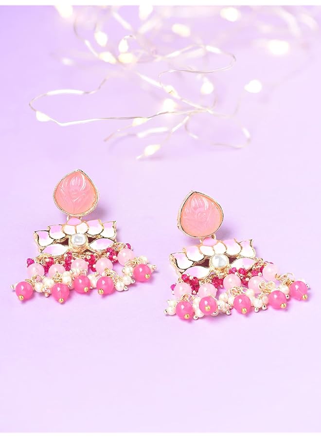 erorex Pink Meenakari Lotus Design Cluster Beads Drop Earring For Women Zpfk14716  - Image 3