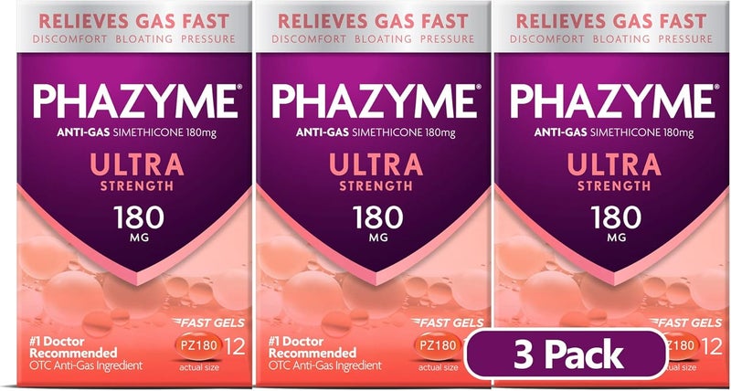 Phazyme Phazyme Ultra Strength Gas and Bloating Relief, 180 Mg Simethicone, 12 Fast Gels, Pack of 3