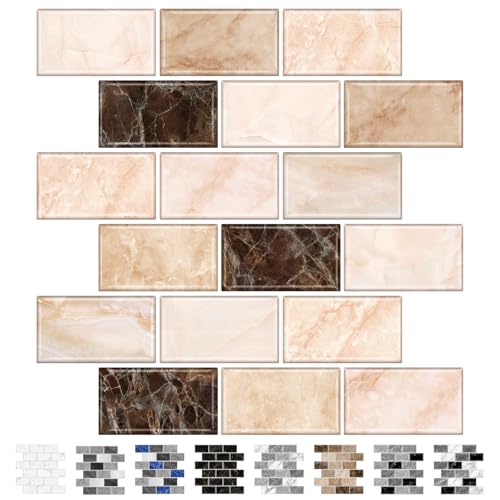 URCOLOR 10-Sheet Peel and Stick Backsplash Subway Tile for Kitchen,12"x12" Self Adhesive Wall Tiles Sticker on Back Splashes for Bathroom Yellow Brown Marble Design - Image 1