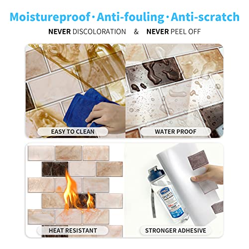 URCOLOR 10-Sheet Peel and Stick Backsplash Subway Tile for Kitchen,12"x12" Self Adhesive Wall Tiles Sticker on Back Splashes for Bathroom Yellow Brown Marble Design - Image 5