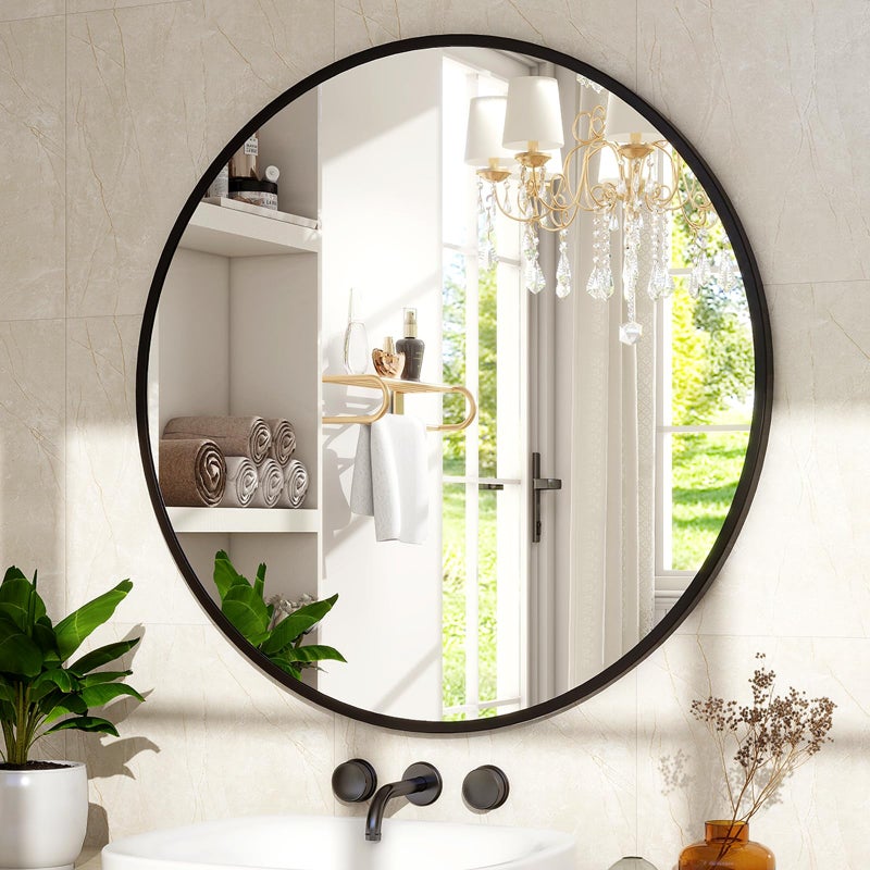 XRAMFY 24 Inch Round Mirror - Circle Mirrors for Bathroom, Entryway and Living Room Wall Decor, Modern Hanging Vanity Mirror, Matte Black Circle Decorative Wall Mirror - Image 3